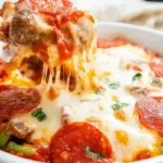 A cheesy and hearty pizza bowl recipe with melted mozzarella, pepperoni, and sausage being scooped from a white bowl.