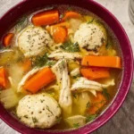 Close-up of a bowl of Jewish chicken soup with matzo balls, carrots, and fresh dill – classic Jewish chicken soup recipe served hot.
