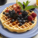 Waffle recipe with pancake mix served on a blue plate, loaded with fresh mixed berries, mint garnish, and maple syrup being poured over.