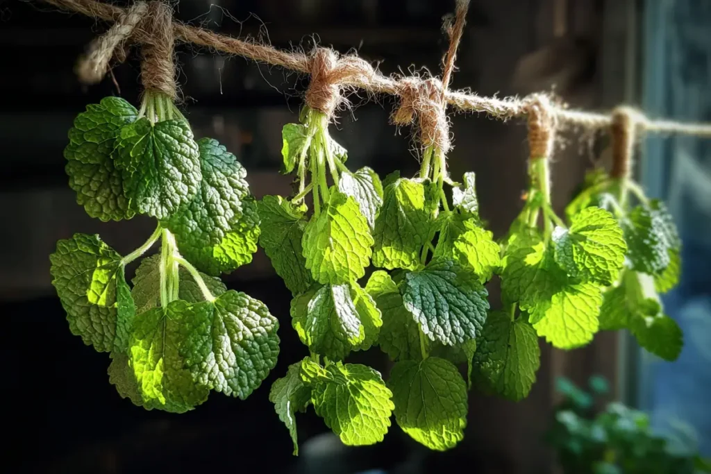 Fresh lemon balm bunches hanging upside down to dry in natural light using the air drying method