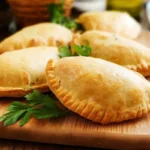 Freshly baked empanadas with golden, flaky crust made using empanada dough recipe, served on a wooden board with parsley garnish.