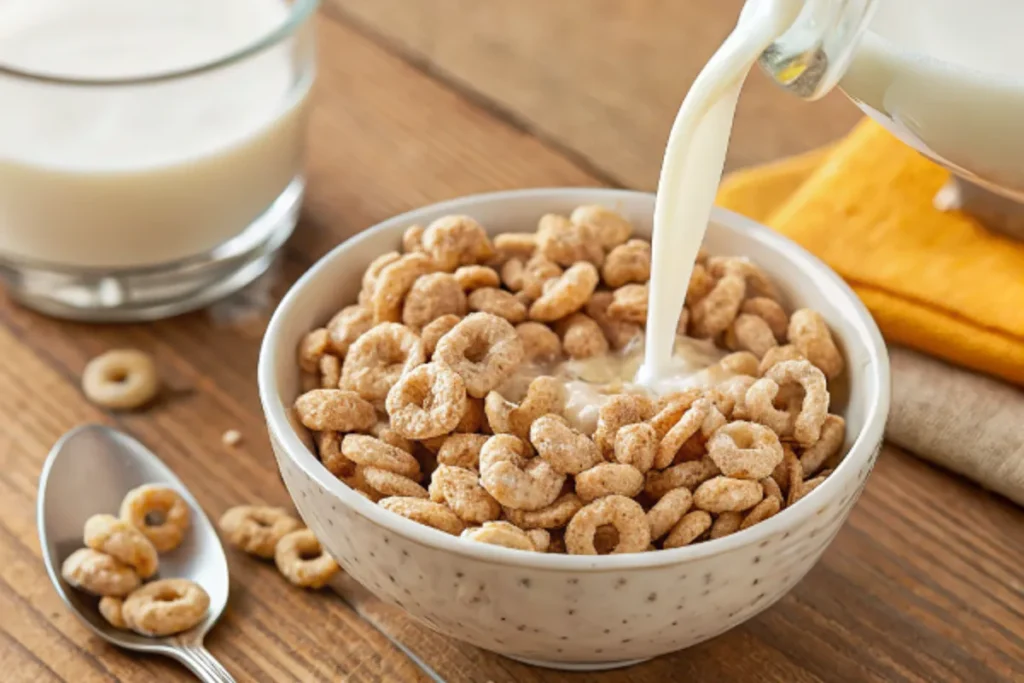 Honey Nut Cheerios with milk in a bowl on a table for breakfast