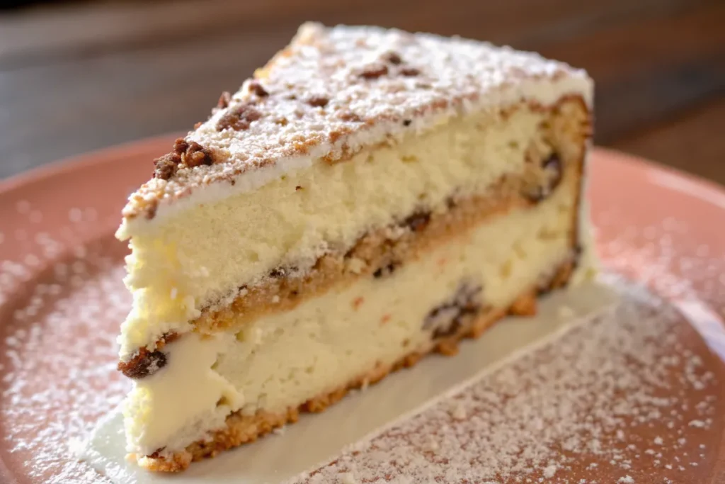 close up shot of the Italian cream cake piece with shopped pecans