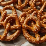 Close-up of golden-brown salted pretzels arranged on a patterned wooden surface for a ranch pretzel recipe.