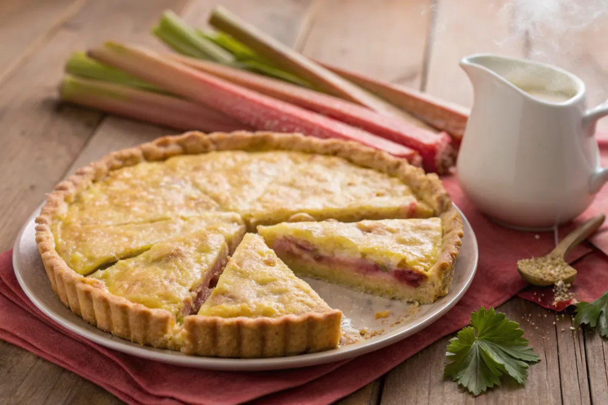 A high-resolution, realistic photograph with a focus on a wooden surface and the food items placed upon it. The wooden surface has a warm, natural brown tone, with a textured and grainy appearance. The food items are arranged with a focus on a pie-like dish and a traditional, homey atmosphere. The image style is a photograph, with a focus on natural lighting and a close-up view of the food and the wooden surface. The lighting is soft and diffused, creating a warm and inviting ambiance. The overall style is naturalistic and detailed.