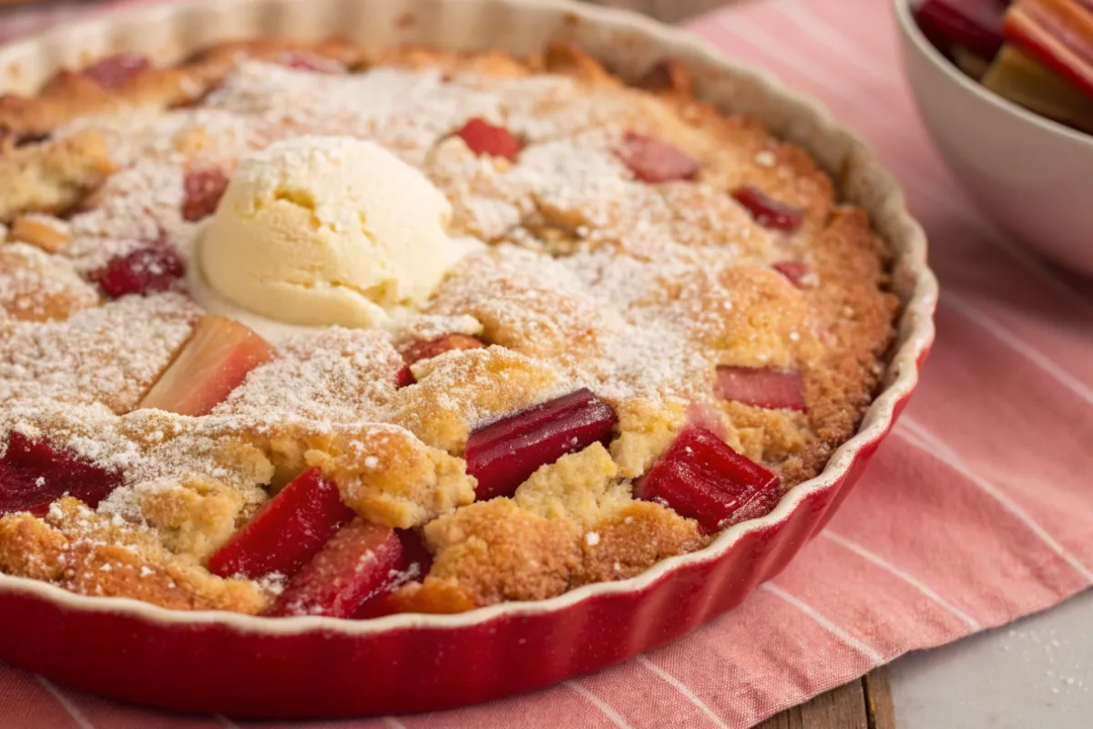 A photo of a culinary scene featuring a visually appetizing dessert dish, a pie-like baked dessert with a golden-brown crust and a sprinkling of sugar on top. The dish is presented on a traditional, rustic-style serving setup with a patterned cloth. The dessert is rich and inviting, with a generous amount of sugar visible on the surface. The photo style is a close-up, high-resolution photograph with a focus on the dessert and its details, highlighting the textures and colors of the baked goods. The lighting is warm and soft, enhancing the cozy and inviting ambiance.Rhubarb recipes