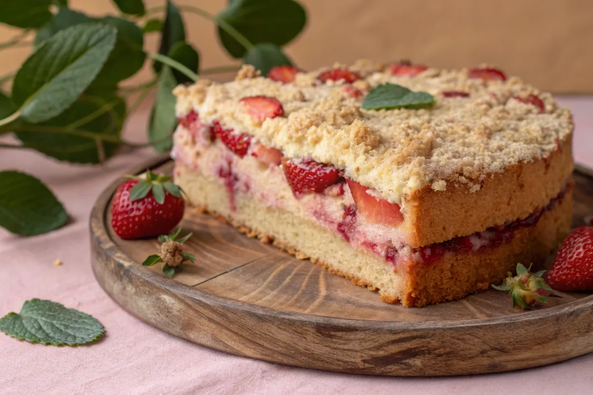 A high-resolution photograph showcasing a delectable dessert: a cake adorned with fresh strawberries. The cake is served on a rustic wooden surface, with the warm tones of the wooden plank complementing the rich, golden-brown hues of the cake's crust. The strawberries are vibrant and juicy, adding a pop of color and freshness to the composition. The overall style is naturalistic, with a focus on the textures and colors of the food and the rustic charm of the wooden setting. The image is a close-up shot, with a focus on the details of the cake and the strawberries. Rhubarb recipes