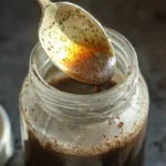 Homemade vanilla paste recipe with visible vanilla bean specks on a spoon above a glass jar