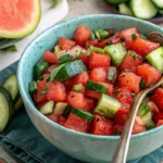 Vibrant watermelon cucumber salad in a bowl, topped with fresh mint leaves, served on a summer picnic table