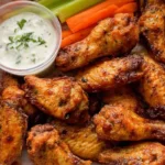 Crispy chicken wings in air fryer served with ranch dip, celery, and carrot sticks on parchment paper.