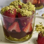 A glass dessert cup filled with layers of fresh strawberries, crushed pistachios, and rich chocolate ganache, served on a white plate.
