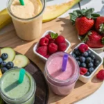 A vibrant summer smoothie scene featuring two colorful smoothies in clear glasses on a rustic wooden table. One smoothie is bright yellow (mango pineapple), the other is deep pink (strawberry or pitaya). Garnished with chia seeds, sliced fruit, and a metal straw. Soft natural light with tropical fruits and greens in the background. Perfect for a National Smoothie Day celebration, with a cheerful and sunny atmosphere.