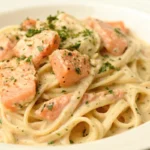 creamy salmon pasta recipe, close up shot