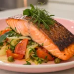 sockeye Salmon Recipe on plate with vgetables