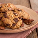 Cowboy Cookies with chocolate chips nuts and almonds on a plate