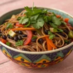 black bean noodles vegetarian recipe with vegies in a bowl