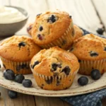 blueberry muffins made with sour cream on a plate with some blueberries