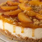 peach cobbler cheesecake close up shot with peach and sauce melting on cheesecake