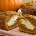 pumpkin cheesecake muffins cut in half with cream inside on a table