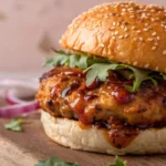 spicy ground chicken burger with salad juicy and saucy on a plate
