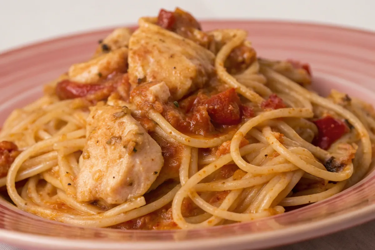 Easy Crockpot Chicken Spaghetti with a Cheesy Twist
