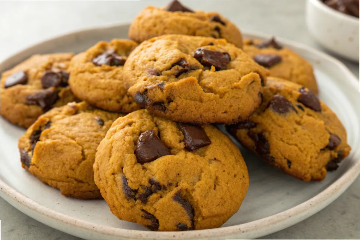 pumpkin chocolate chip cookies on a plate chewy and spicey
