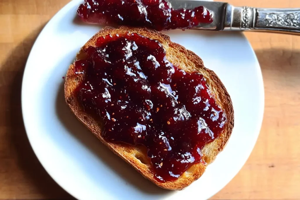 Slice of toasted bread spread with homemade cherry jam preserves on a white plate with a butter knife beside it.