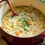 Hearty homemade chicken noodle soup in a red pot with carrots, noodles, and fresh parsley, classic comfort food recipe.
