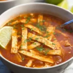 Bowl of homemade chicken tortilla soup topped with crispy tortilla strips, fresh cilantro, and a lime wedge on the side.