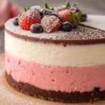 neaopolitan cake slice with strawberry, vanilla and chocolate