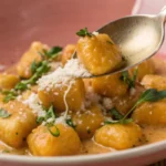 Pumpkin Gnocchi spoonful creamy gnocchi with cheese on plate