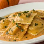 pumpkin ravioli with garlic brown butter sauce creamy