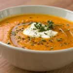 roasted butternut squash soup with cream in a bowl