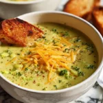 Creamy homemade broccoli cheese soup topped with shredded cheddar and toasted bread slice in a white bowl on marble table.