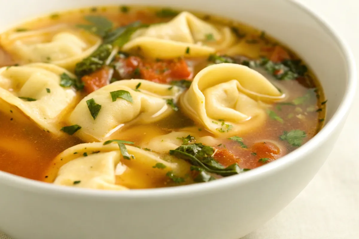 Tortellini Soup with pasta and vegetables in bowl