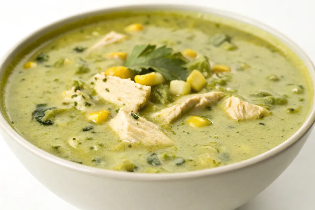 green enchilada soup with shredded chicken and cheese in bowl