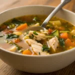 italian chicken soup stirring with spoon in a bowl