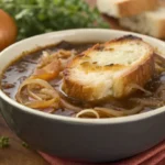 onion soup recipe with bread and cheese in a bowl