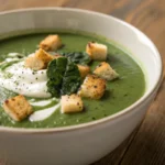 spinach soup creamy with cream and spinach leaves in a bowl