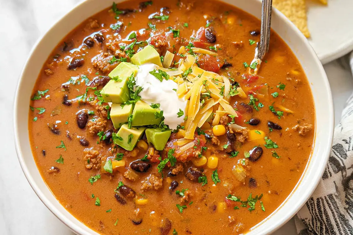 Creamy taco soup in a white bowl topped with diced avocado, shredded cheddar cheese, sour cream, cilantro, and tortilla chips.
