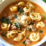 Creamy Italian tortellini soup with sausage, spinach, and cheese tortellini in a rich tomato broth served in a white bowl.
