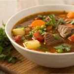 vegetable beef soup with carrots in a bowl