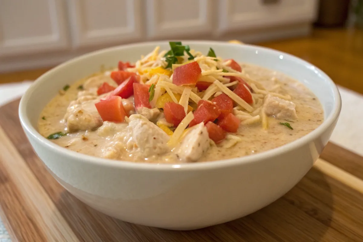 white chicken chili with cheese creamy in a bowl