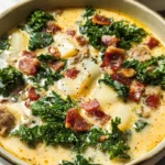 Creamy zuppa toscana soup in a bowl with kale, potatoes, bacon, and sausage in a rich broth, photographed close-up.
