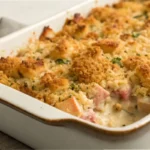 Chicken Cordon Bleu Casserole with cheese and crumble
