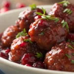 Juicy cranberry meatballs coated in glossy cranberry sauce served as a festive appetizer