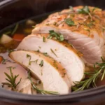 Tender turkey breast cooked in a crockpot with herbs and broth, perfect for healthy slow cooker meals.