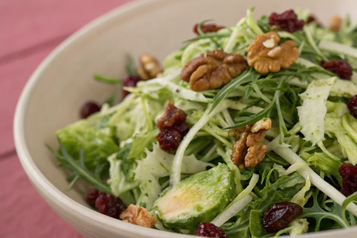 A fresh brussel sprout salad made with shaved sprouts greens and vegetables served in a bowl.