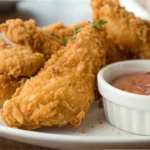 Crispy chicken tenders served hot with a golden crust and dipping sauce on the side