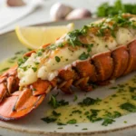 lobster tail recipe with lemon and herbs on plate